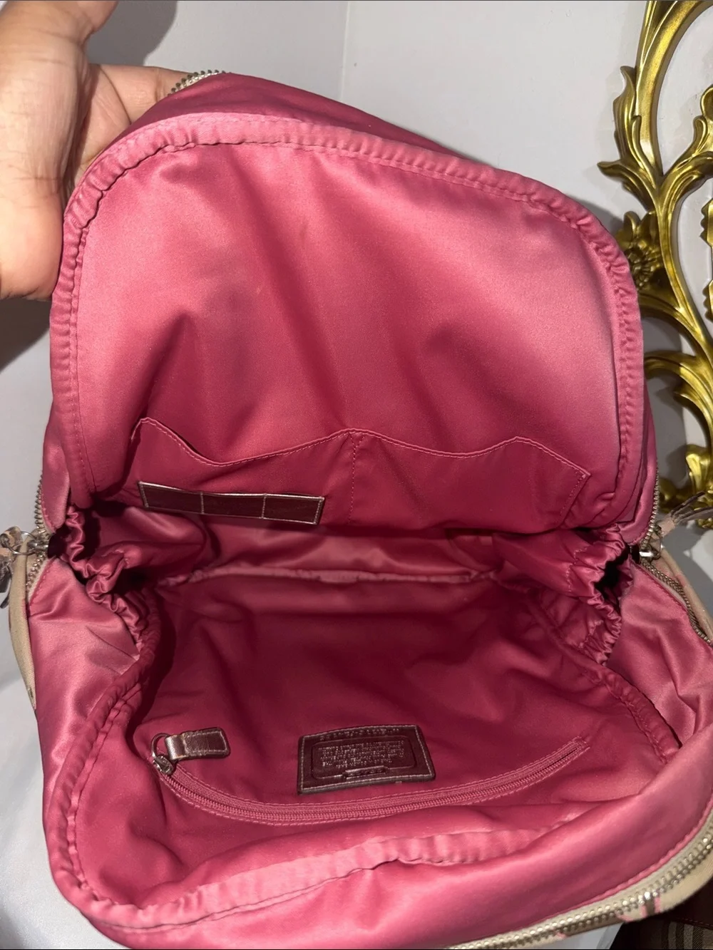 Coach Beige Canvas Backpack with Pink Accents